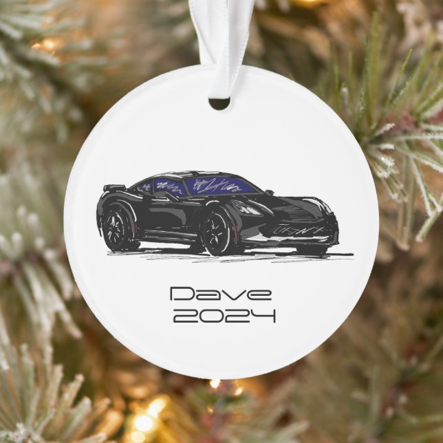 C7 Corvette Sportwagen schwarze Hand Zeichnung Ski Ornament (Baum)