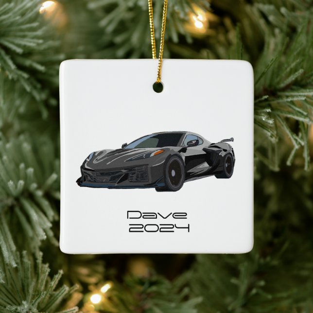 C8 Corvette Sportwagen Dunkelgrau Handgezeichnet Keramikornament (Baum)