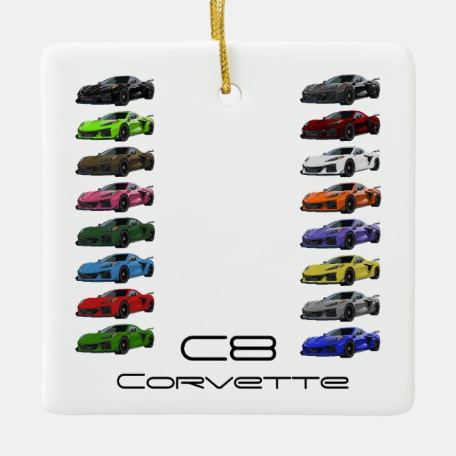 C8 Corvette Sportwagen Handgezeichnete Skizzenfarb Keramikornament (Vorderseite)