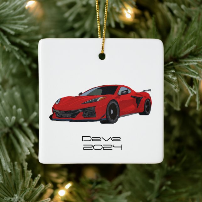 C8 Corvette Sportwagen Torch Red Hand gezeichnet Keramikornament (Baum)