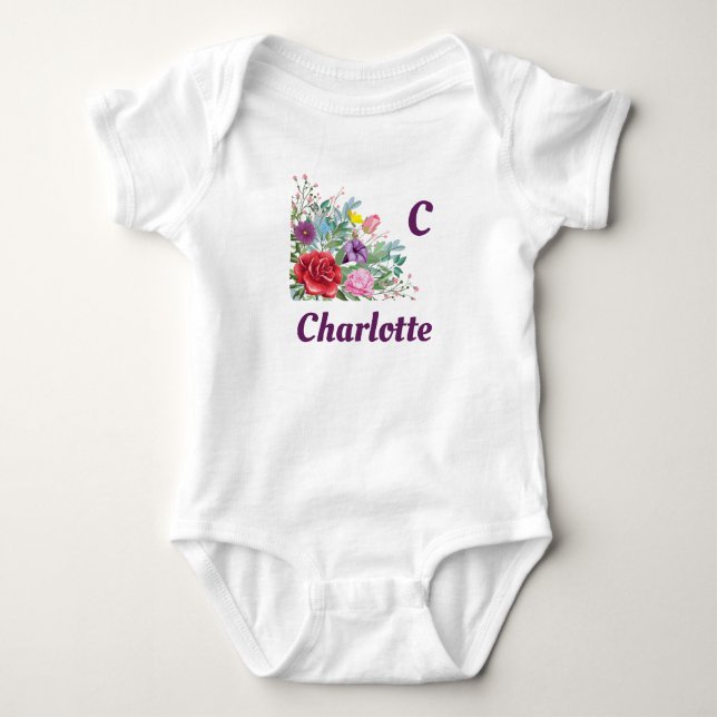 C Charlotte Personalisieren Buchstabenname, Rose B Baby Strampler (Vorderseite)