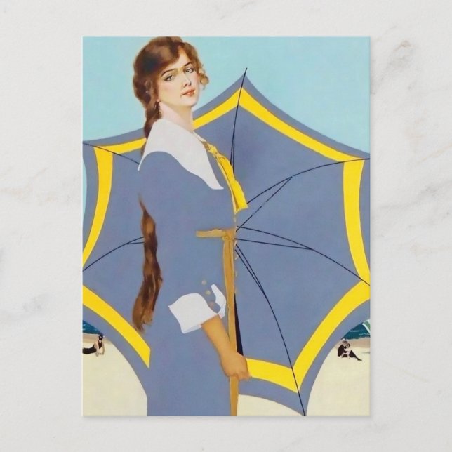C Coles Phillips "Beach Umbrella" Fadeaway Girl Postkarte (Vorderseite)