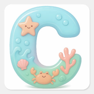 "C" Cute Bubble Letter - Underwater Sea Creature A Quadratischer Aufkleber