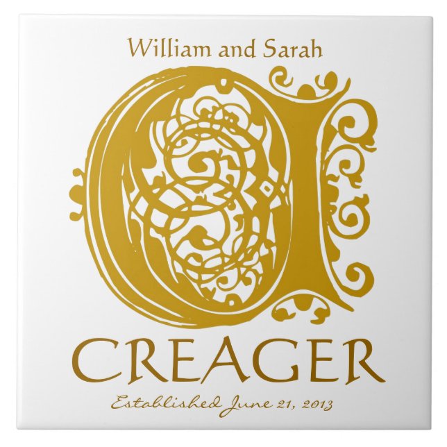 C Gold Monogramm auf Weiß - Namen Hochzeitdatum Ti Fliese (Vorderseite)