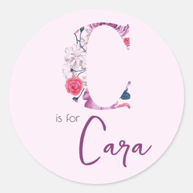C ist für Cara Pink Girl Blume Name Labels Runder Aufkleber (Vorderseite)