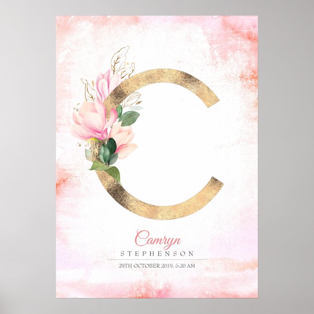 C Letter Monogram Gold Blätter Pink Magnolia Flora Poster (Vorne)