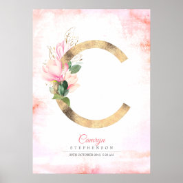 C Letter Monogram Gold Blätter Pink Magnolia Flora Poster