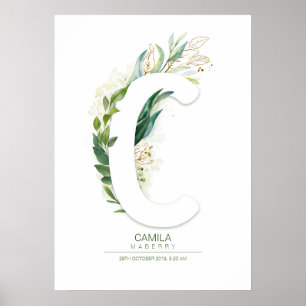 C Letter Monogram Gold Greenerage Foliage Chic Poster
