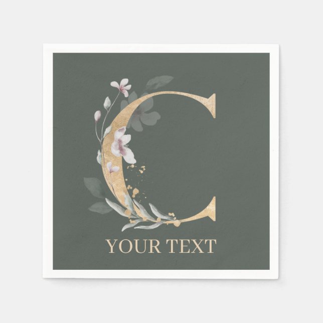 C Monogram Floral Personalisiert Napkins Serviette (Vorderseite)