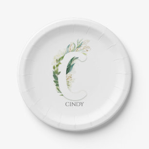 C Monogram Gold Greenerity Blätter Eleganter Name Pappteller