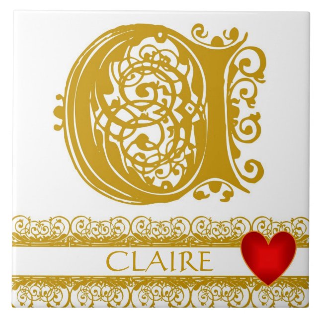 C Monogram Name Gold Lace Red Heft Template Tile Fliese (Vorderseite)