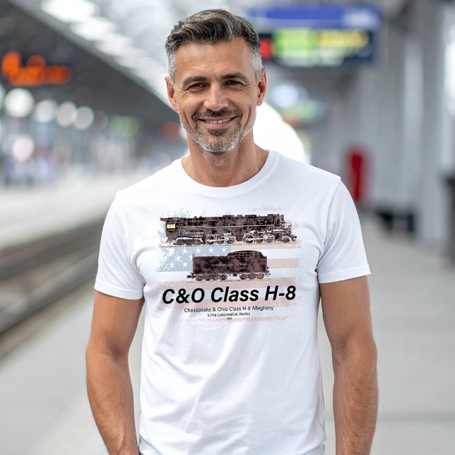 C&O Class H-8 Allegheny Locomotive - American flag T-Shirt (C&O Class H-8 2-6-6-6 Allegheny Steam Locomotive. Mens Basic T-Shirt)
