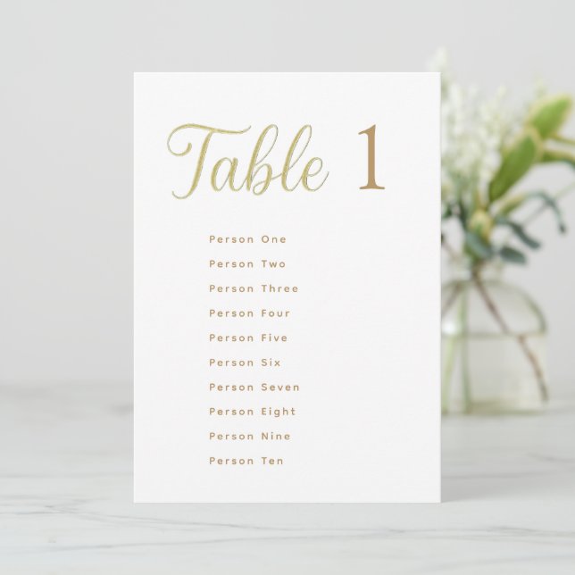 Cِustom Elegant Gold Table Number 1 Seating Chart Einladung (Stehend Vorderseite)