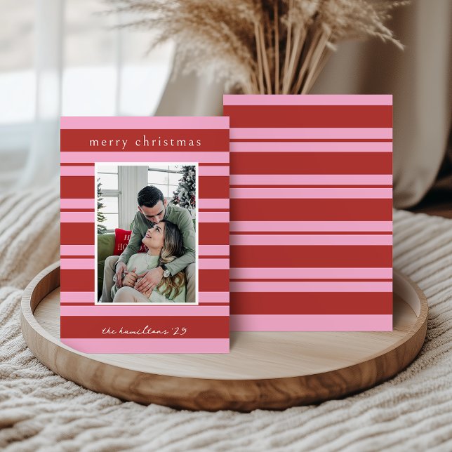 Cabana Pink and red Stripe Preppy Christmas card Einladung (Von Creator hochgeladen)