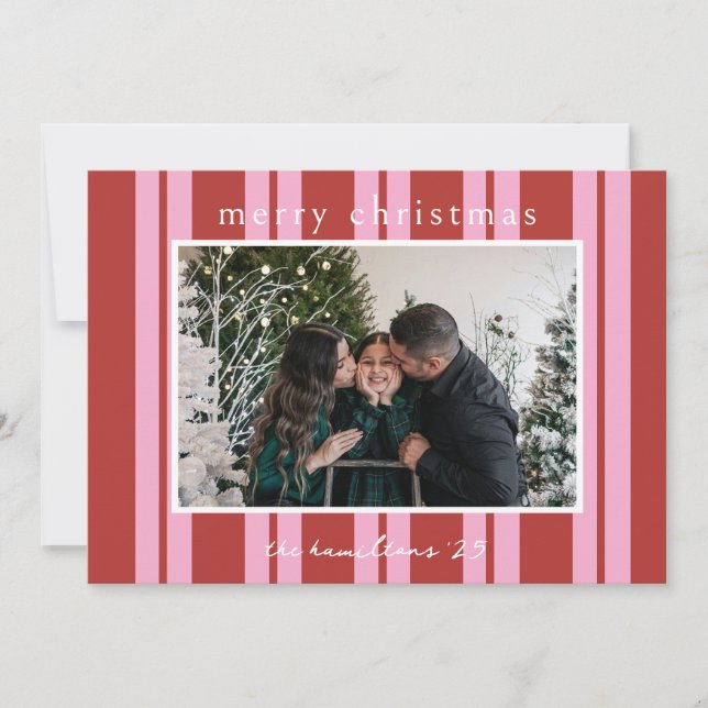 Cabana Pink red Stripe Preppy photo Christmas card Einladung (Vorderseite)