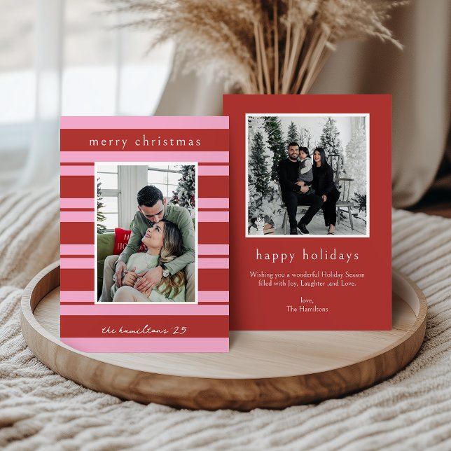 Cabana Pink red Stripe Preppy photo Christmas card Einladung (Von Creator hochgeladen)