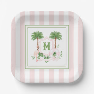 Cabana Streifen Palm Beach Monogramm Wappen Umzäun Pappteller
