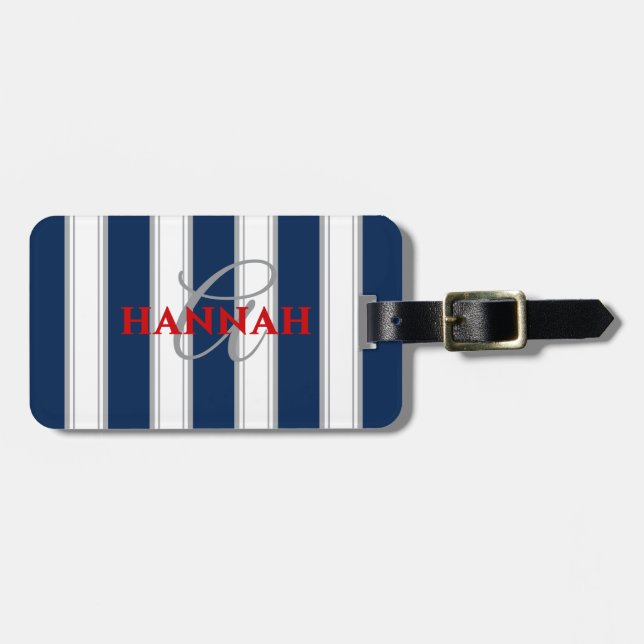 Cabana Stripe Monogram in Navy Blue Gepäckanhänger (Vorderseite horizontal)
