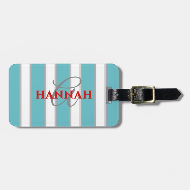 Cabana Stripe Monogramm in Türkis Blau Gepäckanhänger (Vorderseite horizontal)