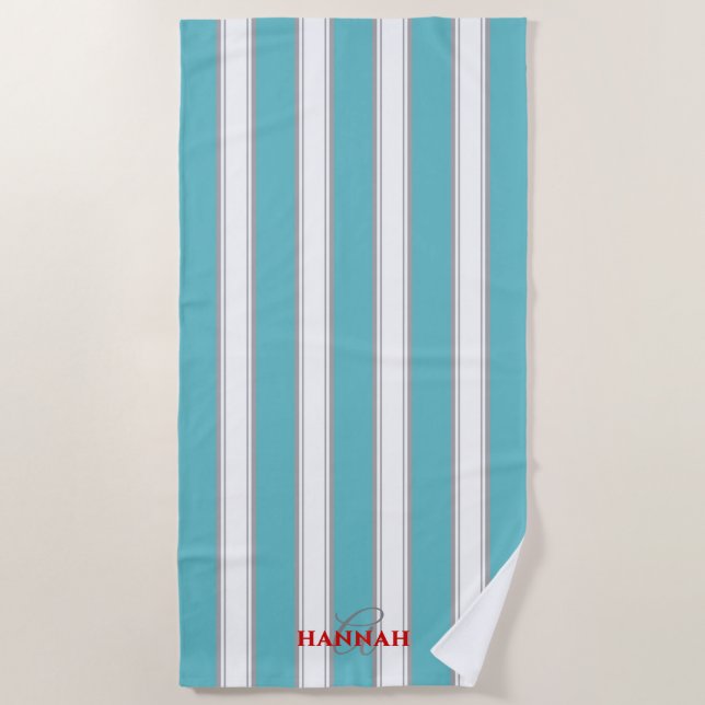 Cabana Stripe Monogramm in Türkis Blau Strandtuch (Vorderseite)