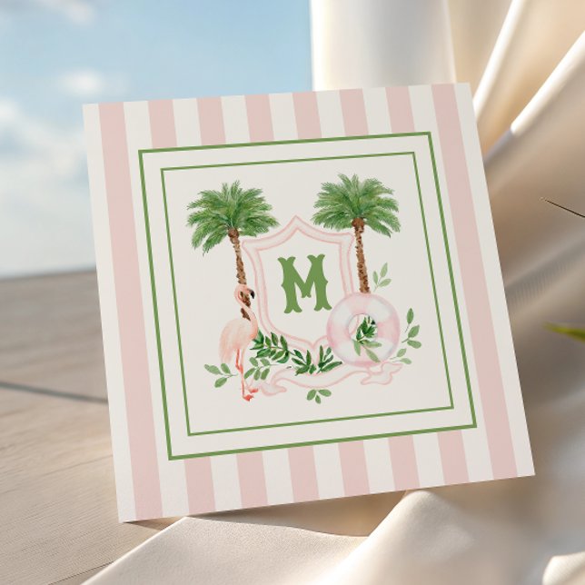 Cabana Stripes Palm Beach Monogram Crest Enclosure Mitteilungskarte (Von Creator hochgeladen)
