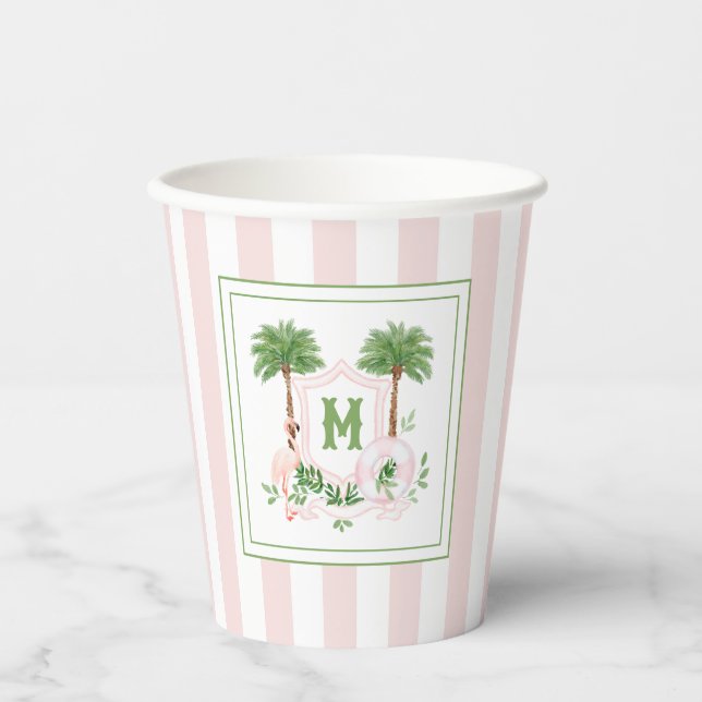 Cabana Stripes Palm Beach Monogram Crest Enclosure Pappbecher (Vorderseite)