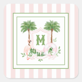 Cabana Stripes Palm Beach Monogram Crest Quadratischer Aufkleber