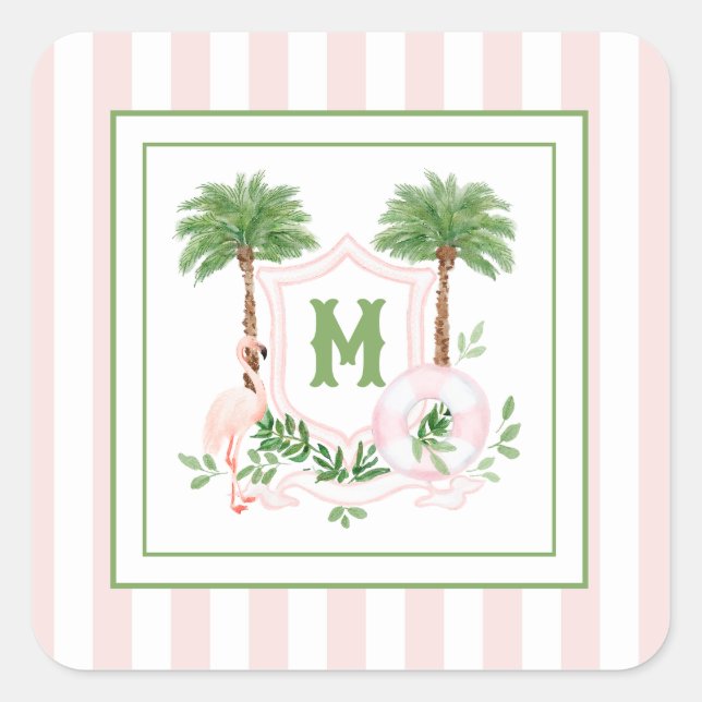 Cabana Stripes Palm Beach Monogram Crest Quadratischer Aufkleber (Vorderseite)