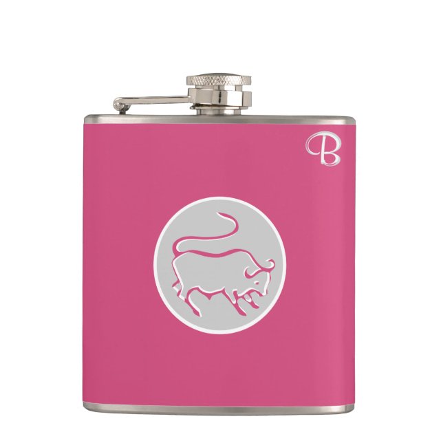 Cabaret Pink Mit Monogramm Flask - Zodiac - Taurus Flachmann (Vorderseite)