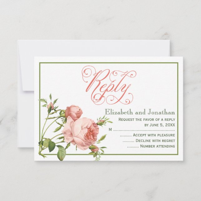 Cabbage-Rose-Script-Antwort-Karte RSVP Karte (Vorderseite)