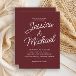 Cabernet Red Script Moderne stilvolle Einladung<br><div class="desc">Diese elegante burgundische Hochzeitseinladung besticht durch ein minimalistisches Layout mit romantischen Schriftzeichen und einem knalligen weißen Text auf einem weinroten Hintergrund. Das klassische und raffinierte Design eignet sich hervorragend für Herbst- oder Winterhochzeiten, Weinbergsfeiern oder Abend. Diese zeitlose Vorlage ist einfach mit Ihren Namen und Ihren Hochzeitsdetails anpassbar und verleiht Ihrem...</div>