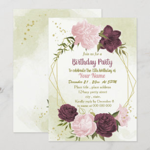 Cabernet rosa Blume grün Blätter Geburtstag Einladung