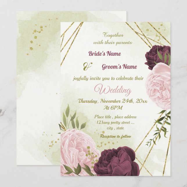 Cabernet Rosa Blume Grün Blätter Hochzeit Einladung (Vorne/Hinten)