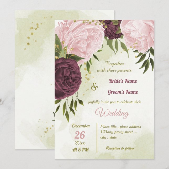 Cabernet Rosa Blume Grün Blätter Hochzeit Einladung (Vorne/Hinten)