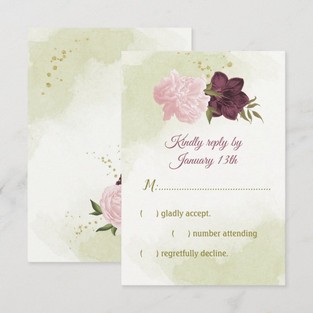 Cabernet rosa Blume grüne Blätter RSVP Karte (Vorne/Hinten)