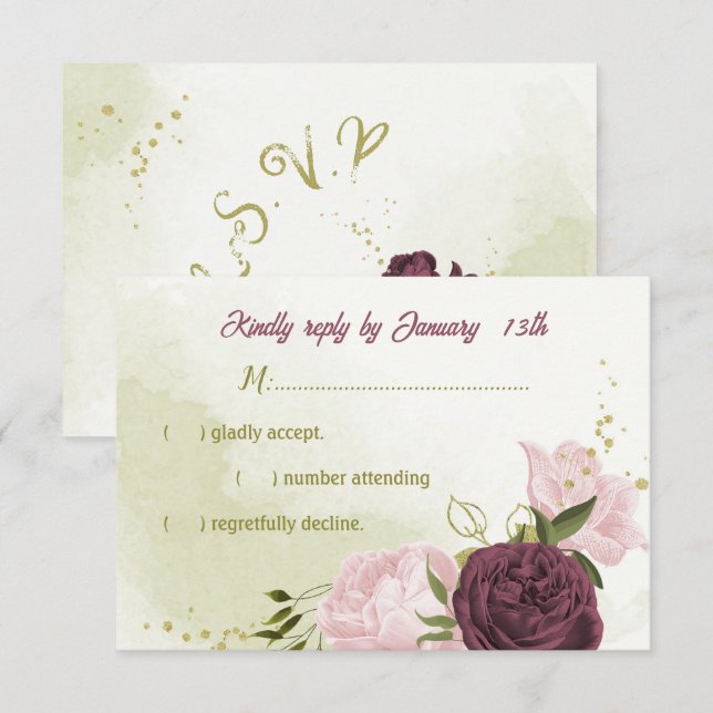 Cabernet rosa Blume grüne Blätter RSVP Karte (Vorne/Hinten)