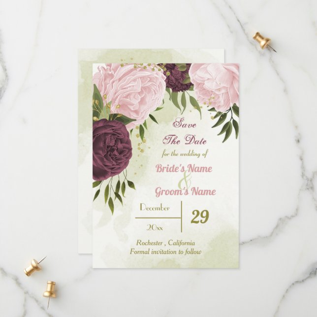 Cabernet rosa Blume grüne Blätter Save The Date (Vorderseite/Rückseite Beispiel)