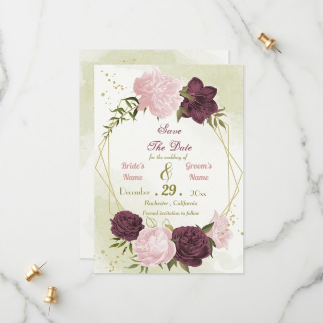 Cabernet rosa Blume grüne Blätter Save The Date (Vorderseite/Rückseite Beispiel)