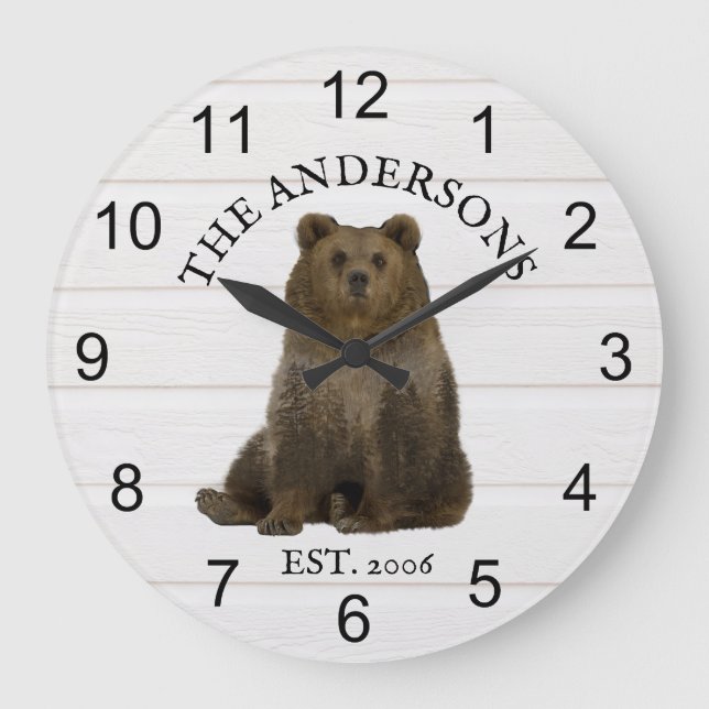 Cabin Bears Wald Personalisierte Berge   Große Wanduhr (Vorderseite)