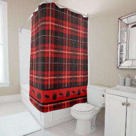 Cabin Black Moose Red Kariert Duschvorhang