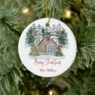 Cabin Frohe Weihnachten individualisierbarer Name Keramik Ornament