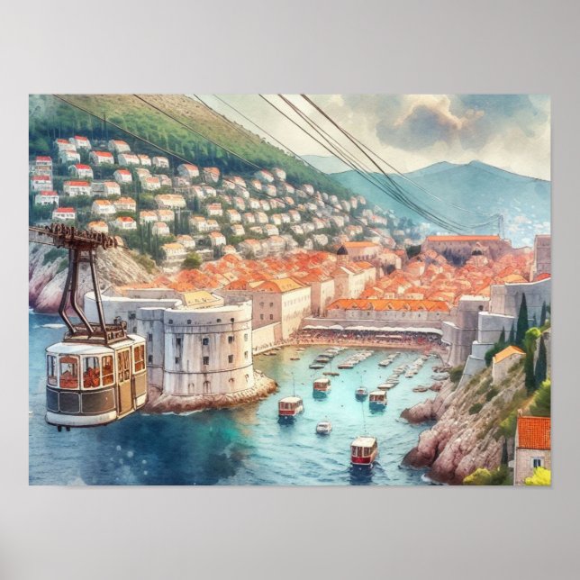 Cable Car Dubrovnik Kroatien Aquarell Poster (Vorne)