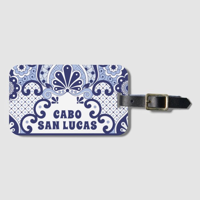 Cabo San Lucas Blue & White Mexican Talavera Tile Gepäckanhänger (Vorderseite (Horizontal))