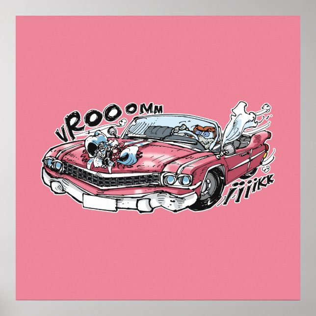 Cabrio-Babyantrieb auf rosa cadillac Poster (Vorne)