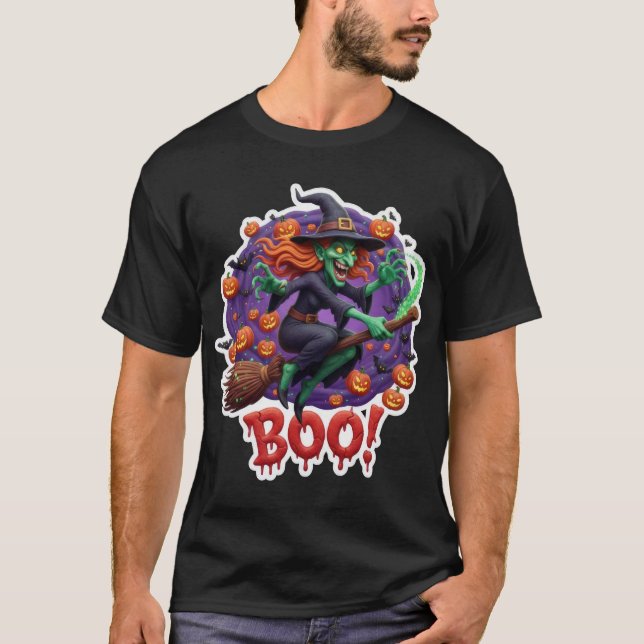 Cackling witch on broomstick surrounded by pumpkin T-Shirt (Vorderseite)