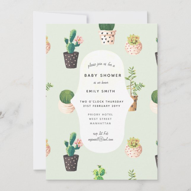 Cacti Baby Shower lädt zu Aquarellnuancen ein Einladung (Vorderseite)