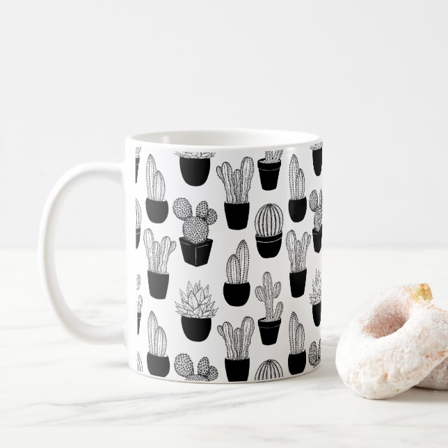 Cacti Black Line Art Pattern Kaffeetasse (Mit Donut)