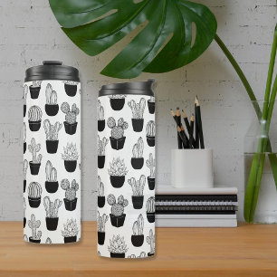 Cacti Black Line Art Pattern Thermosbecher