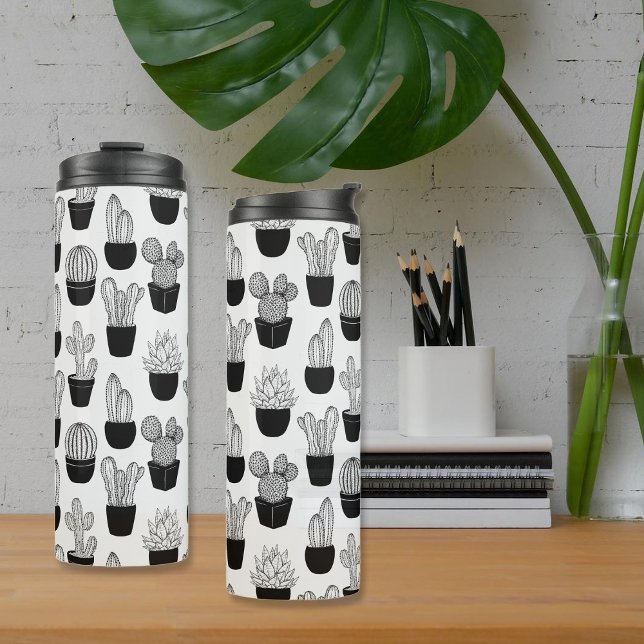 Cacti Black Line Art Pattern Thermosbecher (Von Creator hochgeladen)