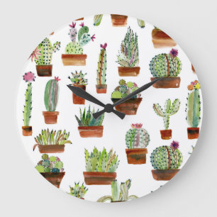 Cacti Charm: Aquarell Sukkulente Textur. Große Wanduhr